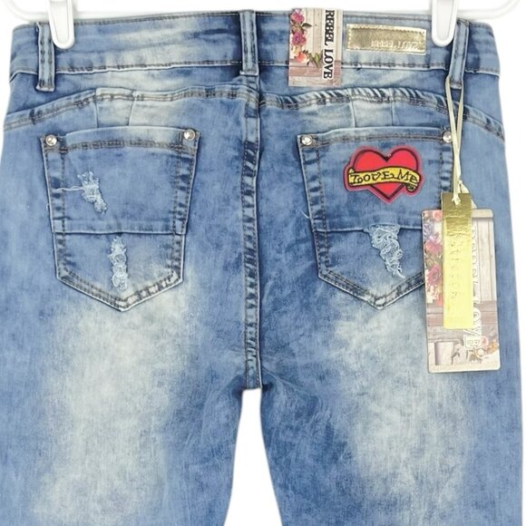 Rebel Love Women Distressed Patch Mid Wash Blue Skinny Stretch Jean Sz 13/14 NWT - Picture 4 of 14